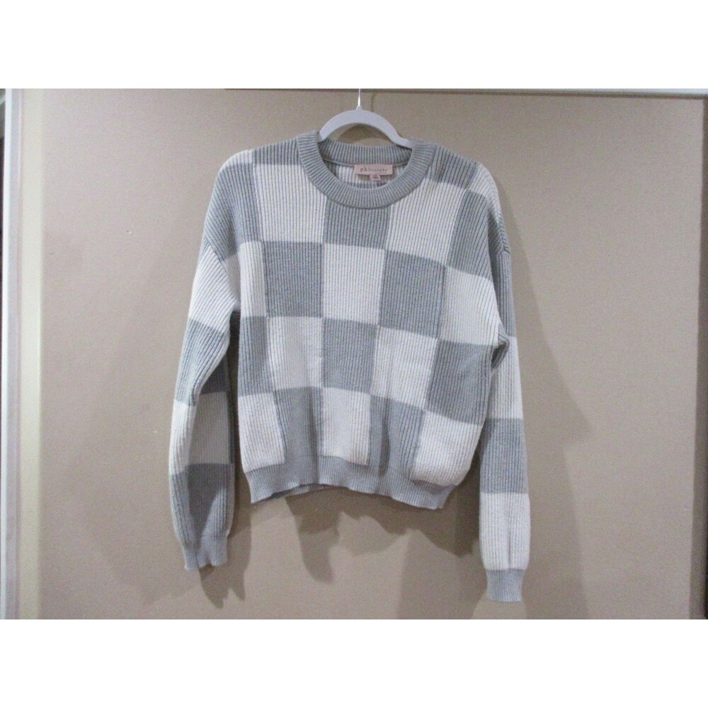 Philosopy Checkered Sweater Women Lg Gray/White Long Sleeve Pullover